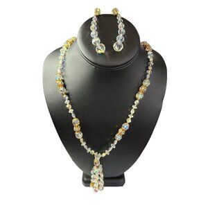 Crystal Aurora Borealis Necklace Earrings set 14 Inches Gold Bead Dangle 1950s